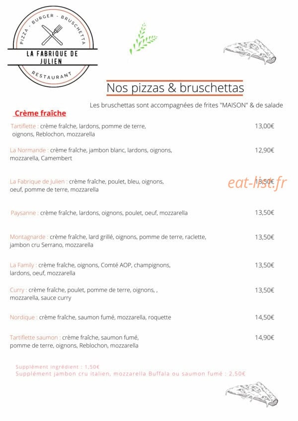Carte et menu de La fabrique de Julien à Magny en Vexin — Les pizzas crèmes
