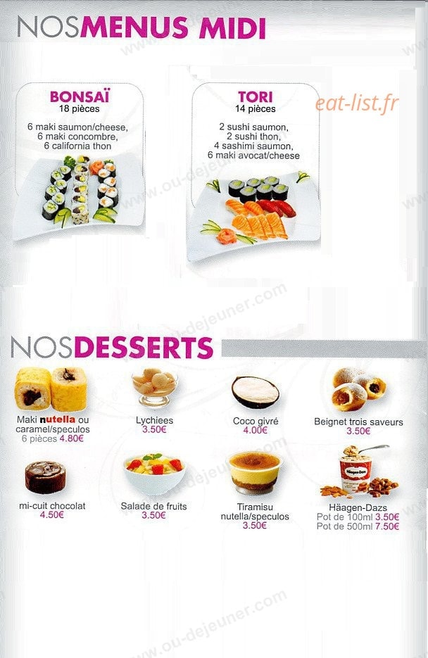 Carte et menu de Sushi Tori à Ezanville — Les menus midi et desserts