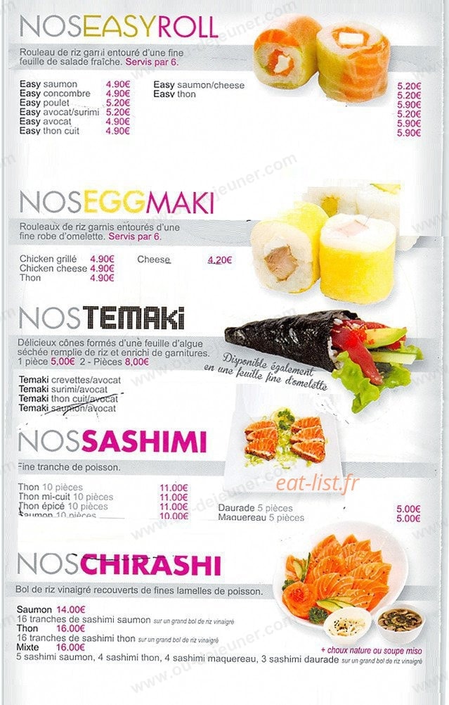 Carte et menu de Sushi Tori à Ezanville — Les eggs maki, easyroll, temaki sashimi et chirashi