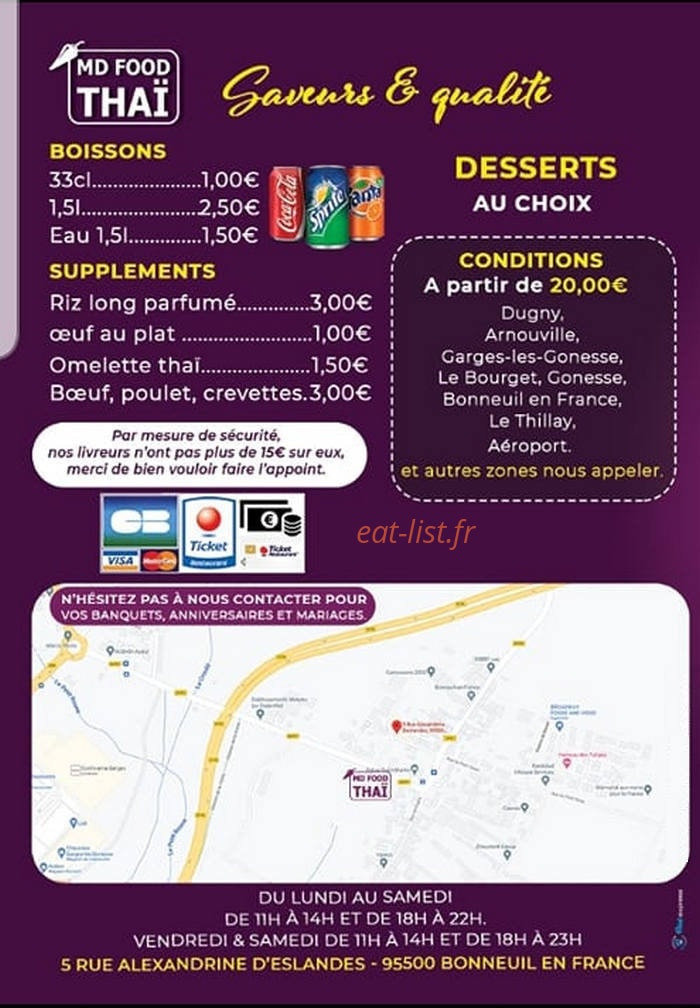 Carte et menu de Md food thai à Bonneuil en France — Les desserts et boissons