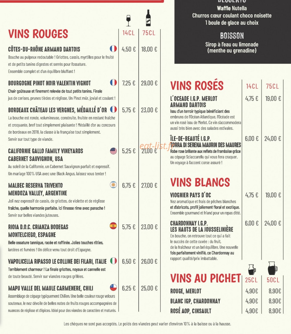 Carte et menu de American Steak House Gonesse à Gonesse — Les vins rouge, blanc, ...