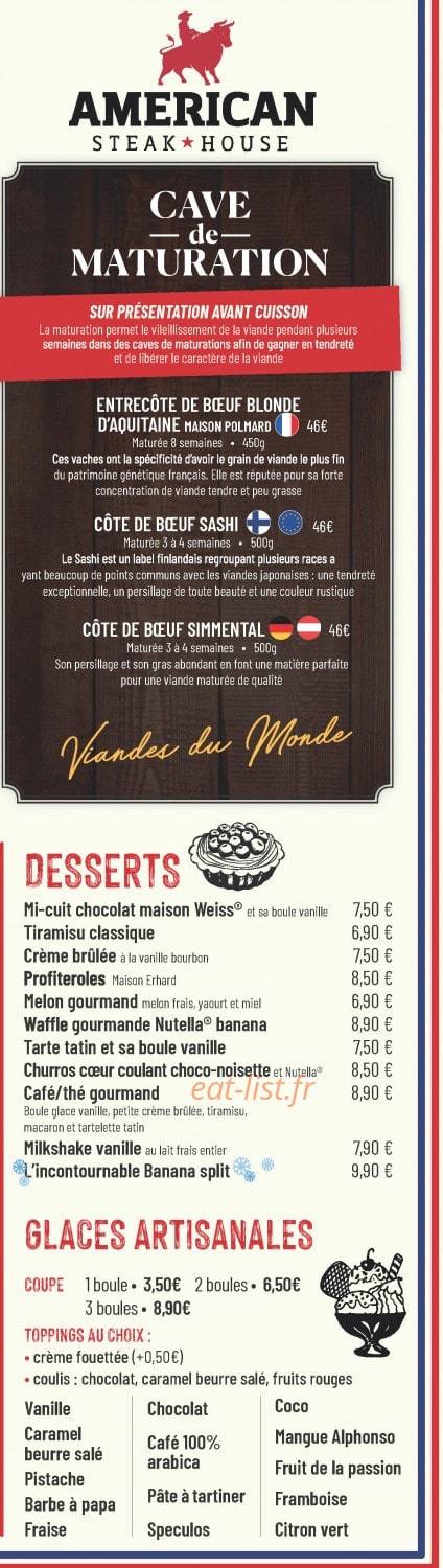 Carte et menu de American Steak House Gonesse à Gonesse — Les desserts, glaces, ...