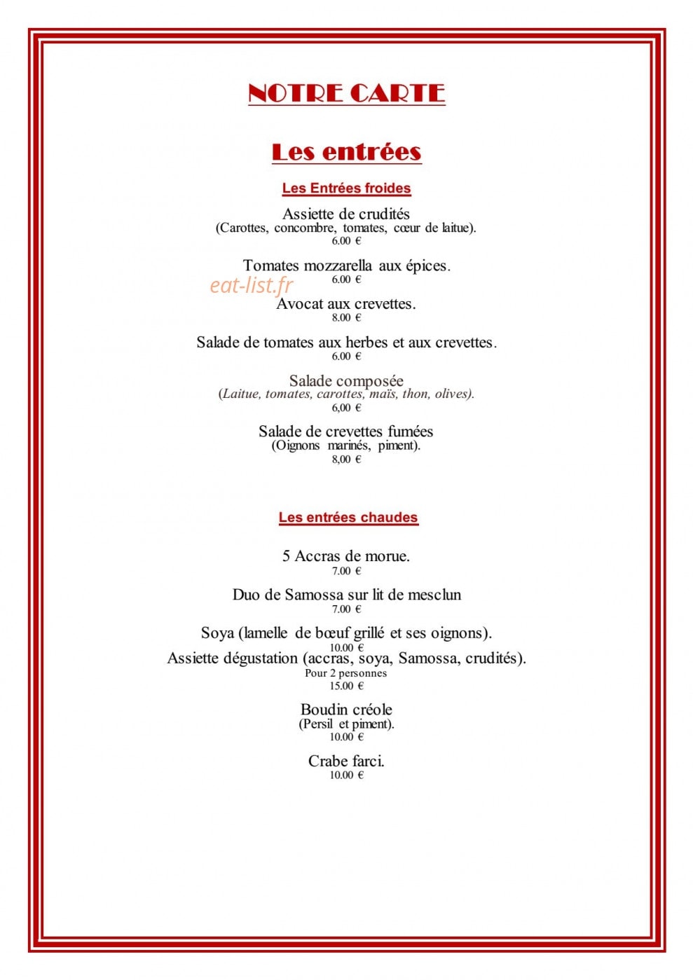 Cabaret Mangrove — carte page 1