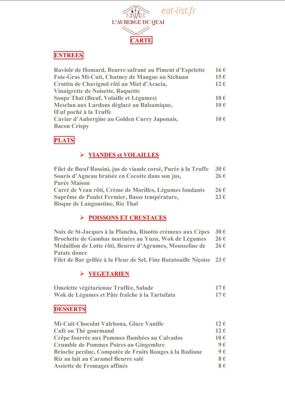 L'Auberge du Quai — carte page 1