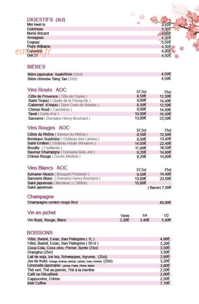 Carte et menu de Okynawa à Eaubonne — Digestifs, bieres