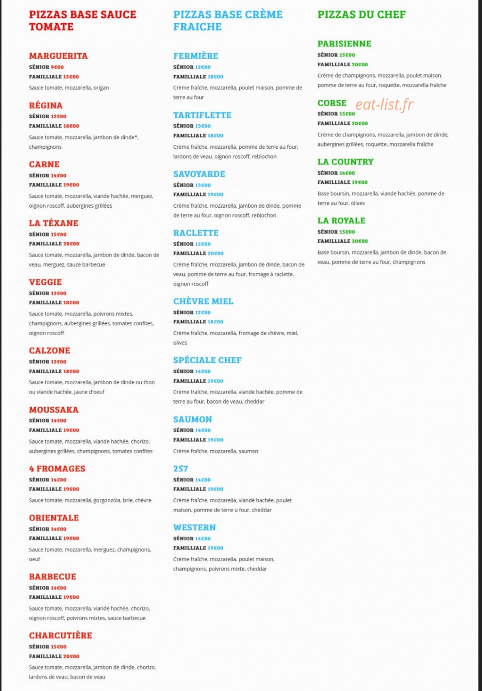 Le 257 pizza — carte page 1