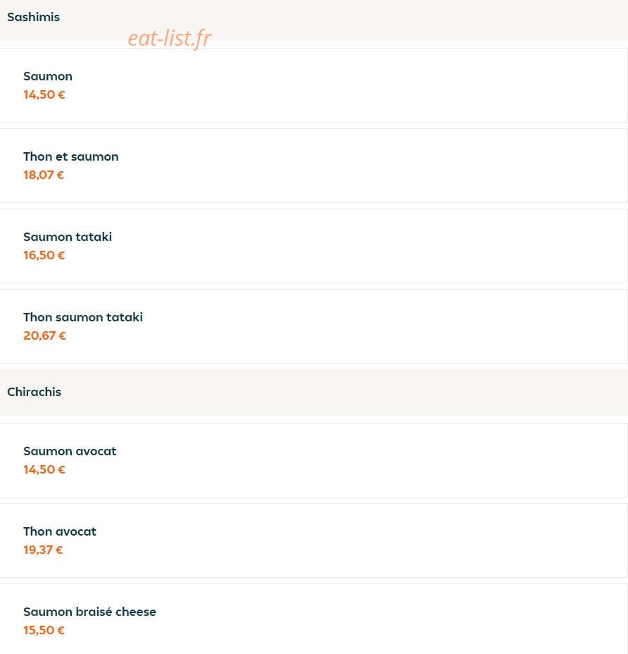 Carte et menu de Food Fusion à Meriel — Sashimis et chirachis