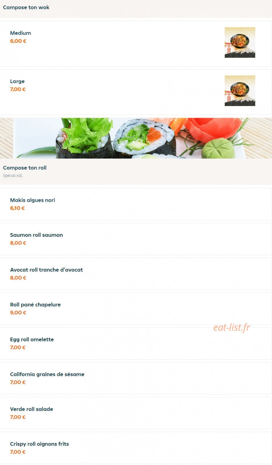 Carte et menu de Food Fusion à Meriel — Wok personnalisé et roll personnalisé