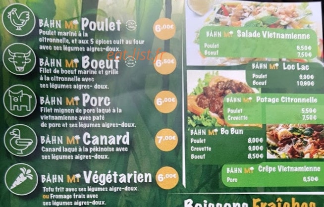Carte et menu de Banh Mi à Roissy en France — Les plats