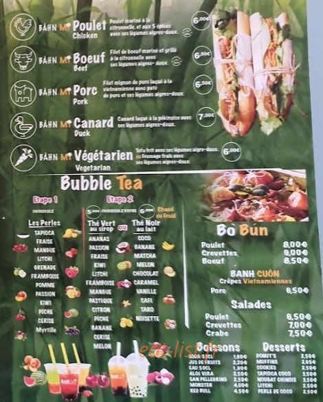Carte et menu de Banh Mi à Roissy en France — Les sandwichs et bubble tea