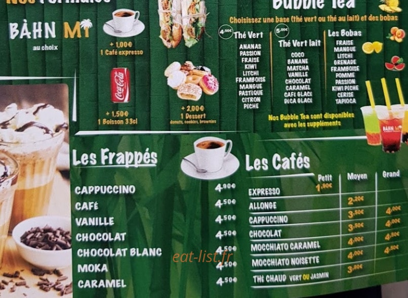 Carte et menu de Banh Mi à Roissy en France — Les formules, boissons et cafés