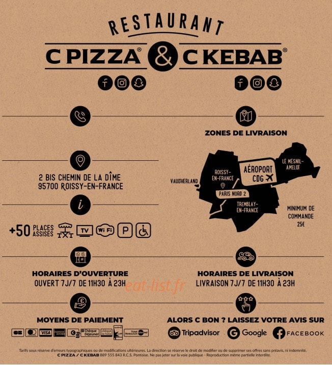 Carte et menu de C Pizza & C Kebab à Roissy en France — Les informations