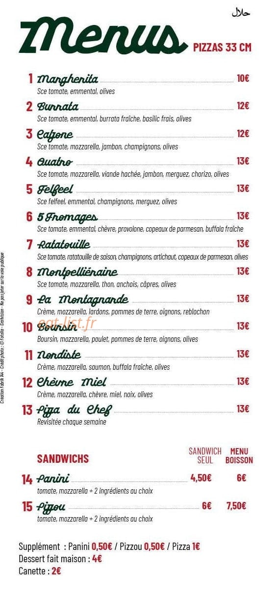 Carte et menu de La Pizza Du Chef à Roissy en France — Les menus et sandwichs