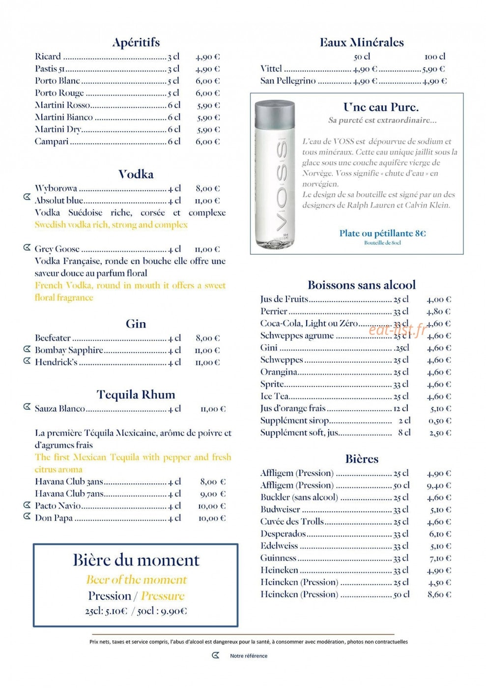 Carte et menu de Le Golden Tulip à Roissy en France — les apéritifs, bières,...