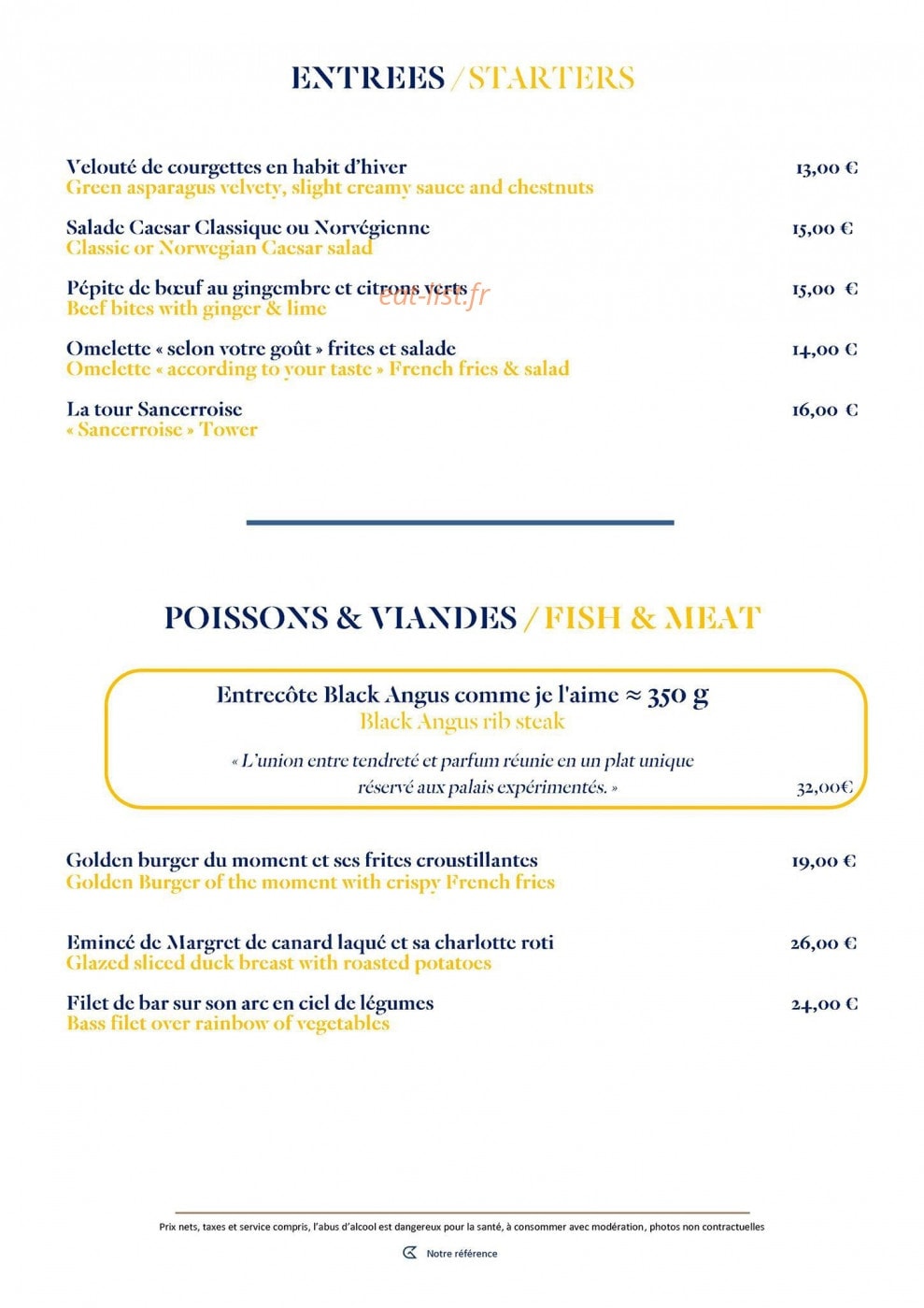 Carte et menu de Le Golden Tulip à Roissy en France — Les entrées,...
