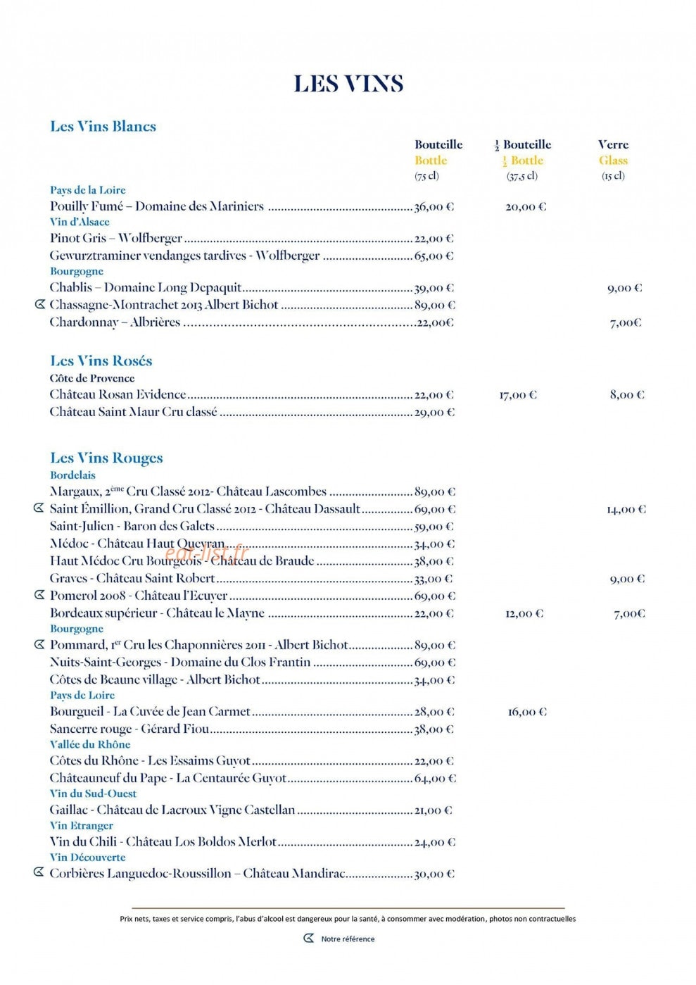 Carte et menu de Le Golden Tulip à Roissy en France — les vins