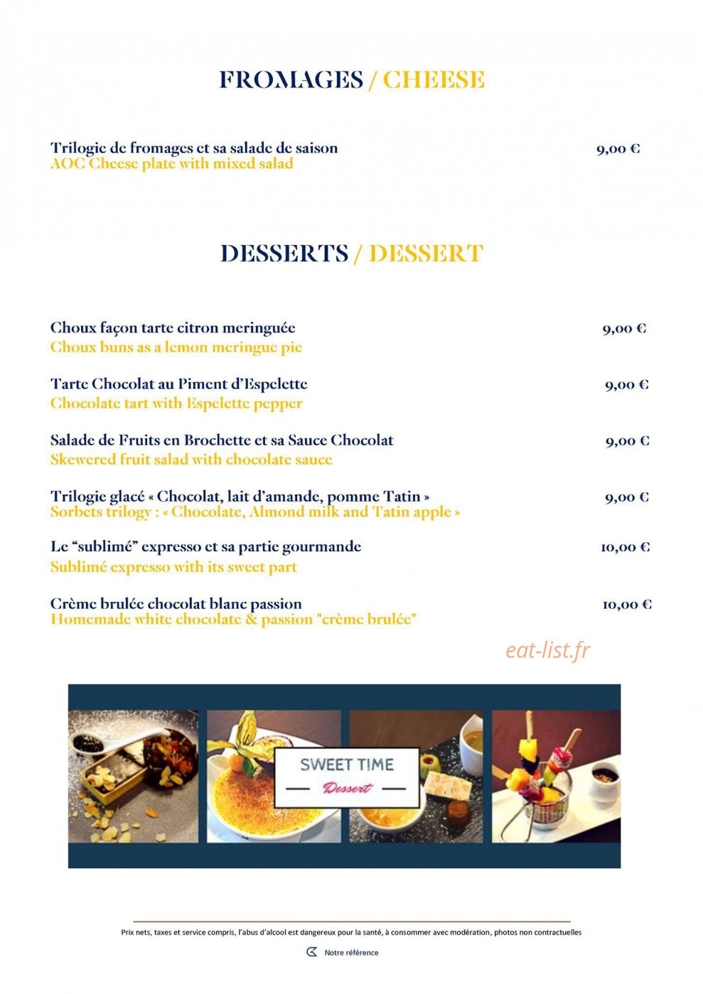 Carte et menu de Le Golden Tulip à Roissy en France — les desserts, fromages