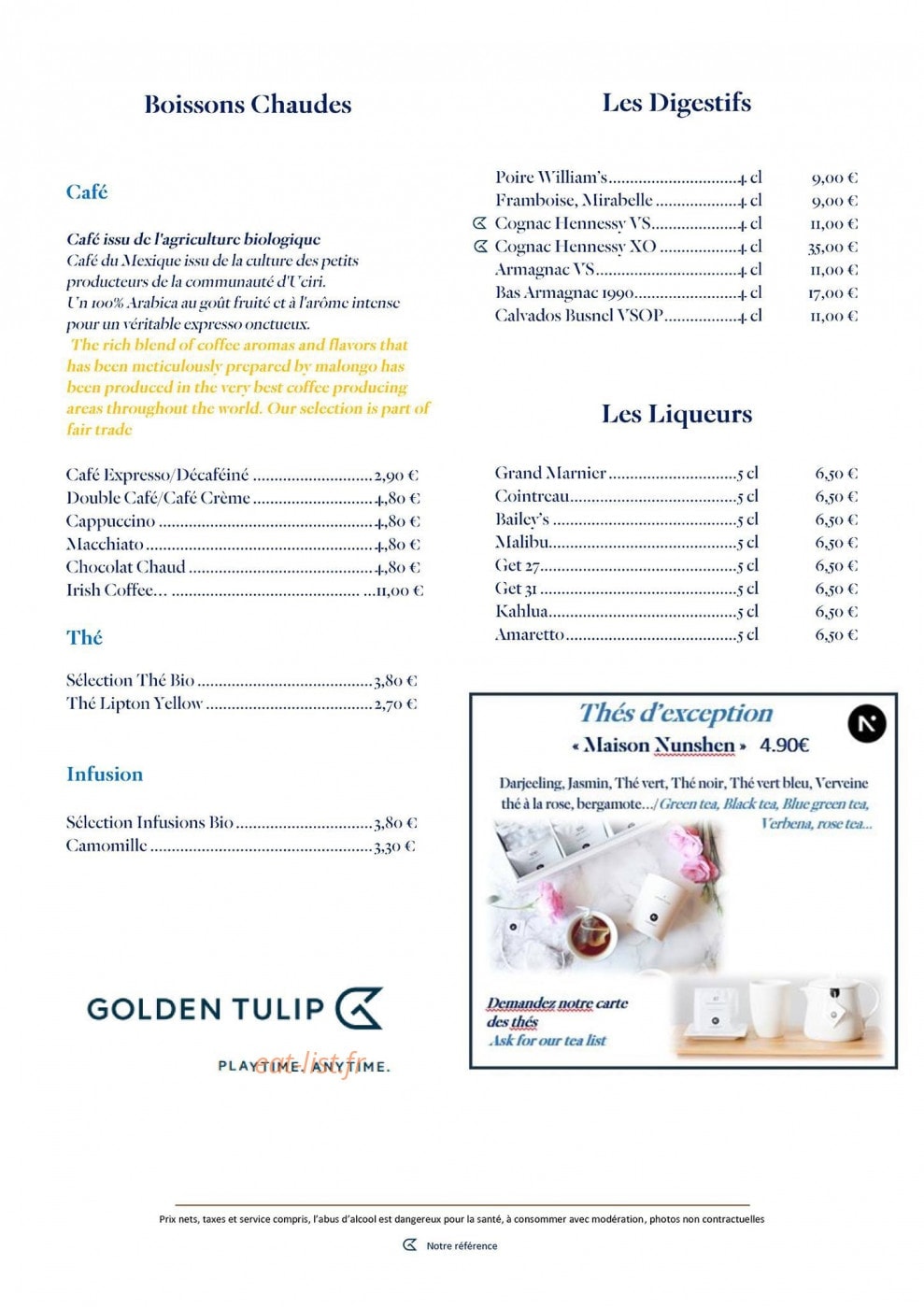 Carte et menu de Le Golden Tulip à Roissy en France — les boissons chaudes