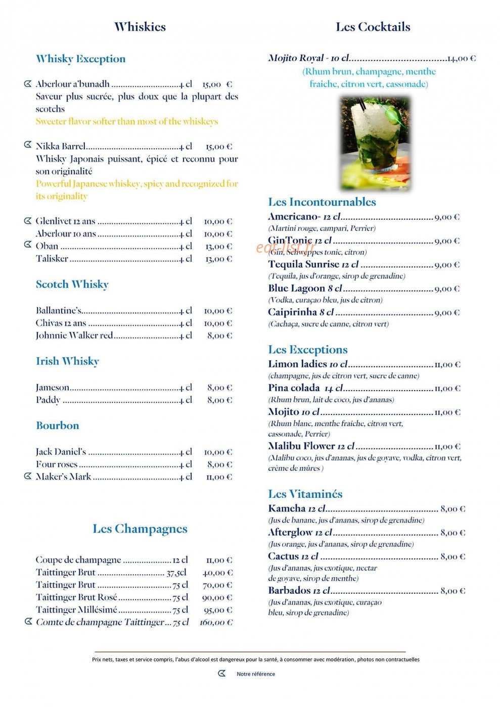 Carte et menu de Le Golden Tulip à Roissy en France — les cocktails,whiskys