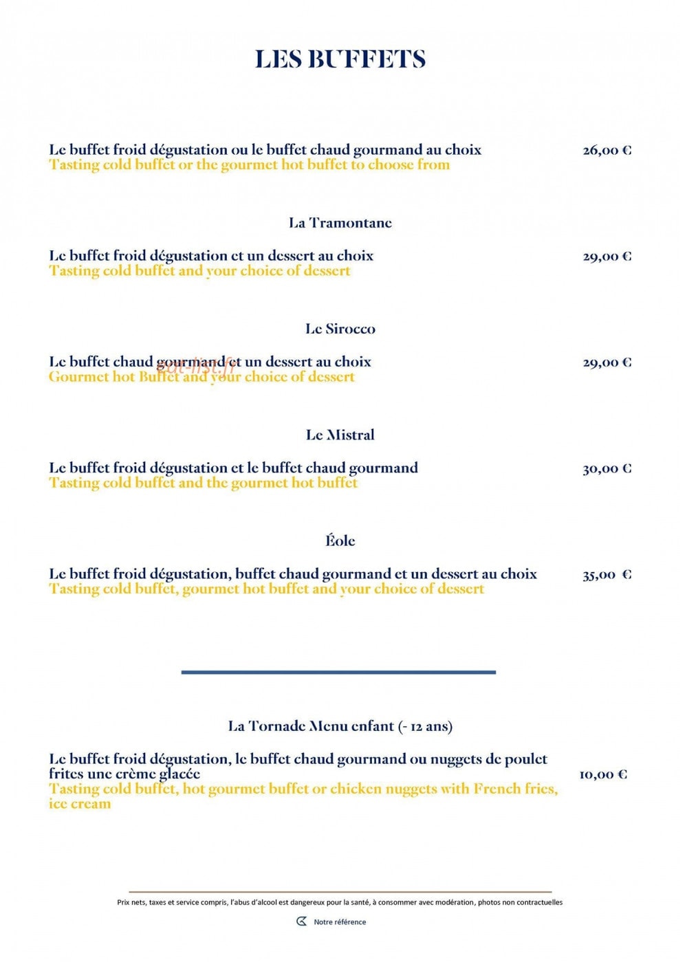 Carte et menu de Le Golden Tulip à Roissy en France — les buffets