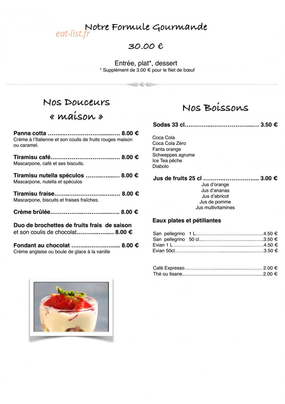 Carte et menu de Le Taliani à Roissy en France — Formule gourmande, desserts et boissons