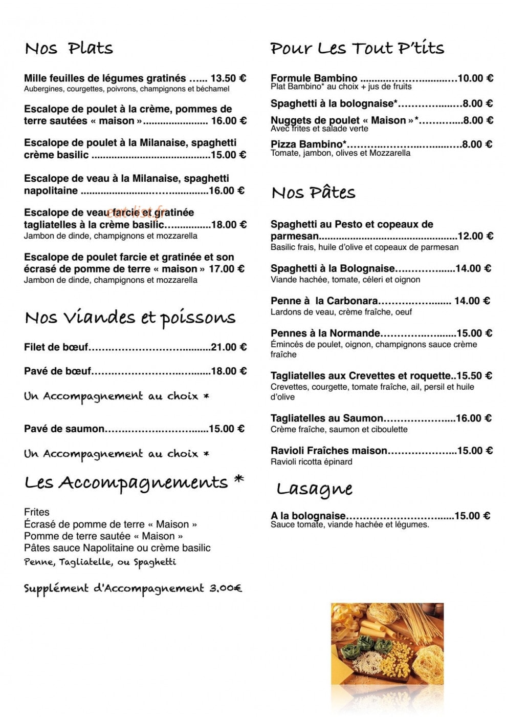 Carte et menu de Le Taliani à Roissy en France — Les plats et accompagnements