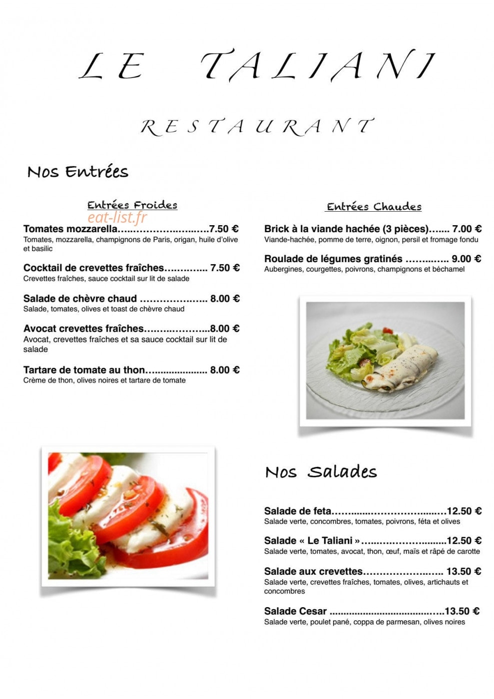 Carte et menu de Le Taliani à Roissy en France — Les entrées