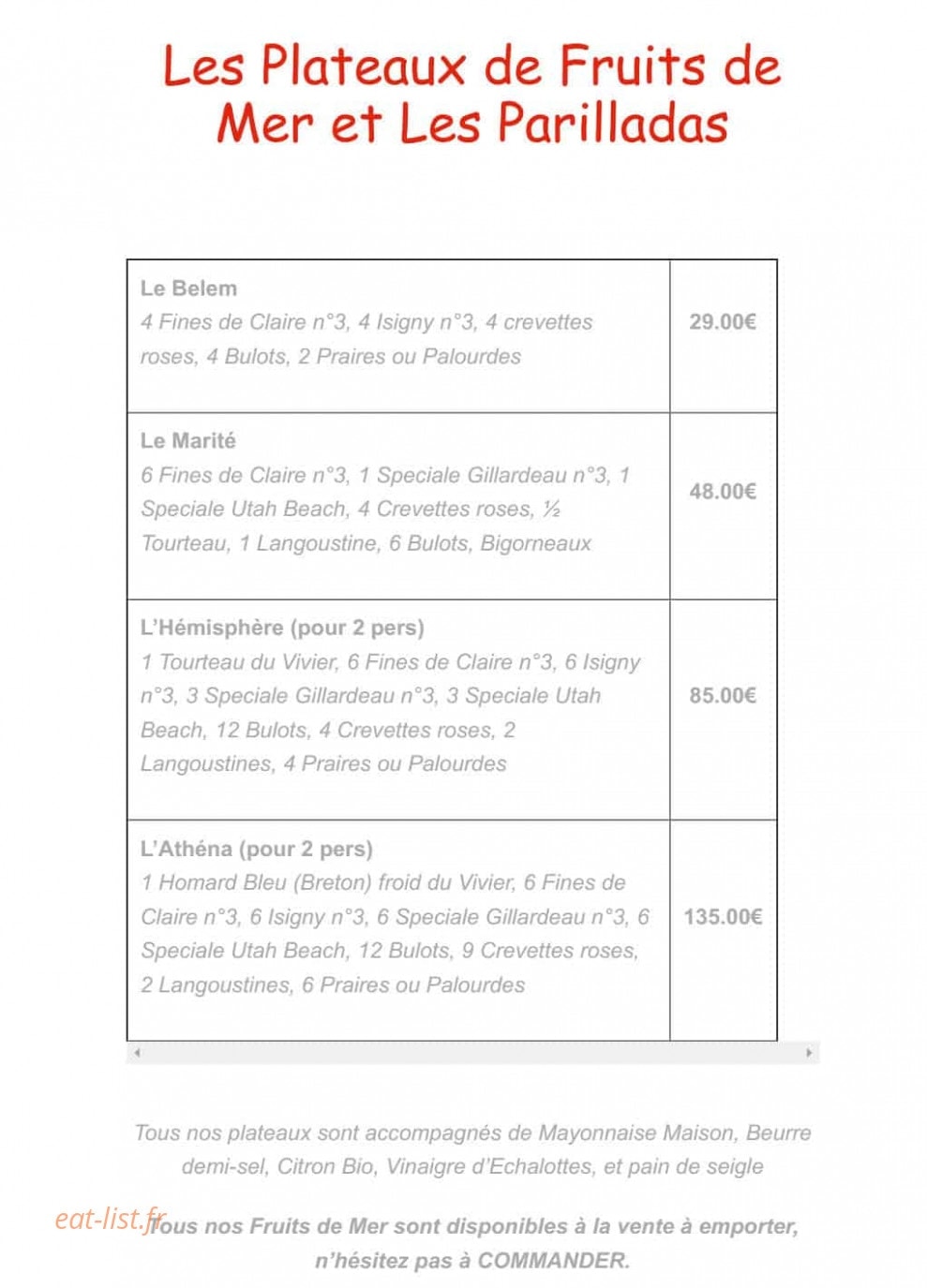 Carte et menu de Le Vivier de la mer à Roissy en France — les plateaux de fruits de mer