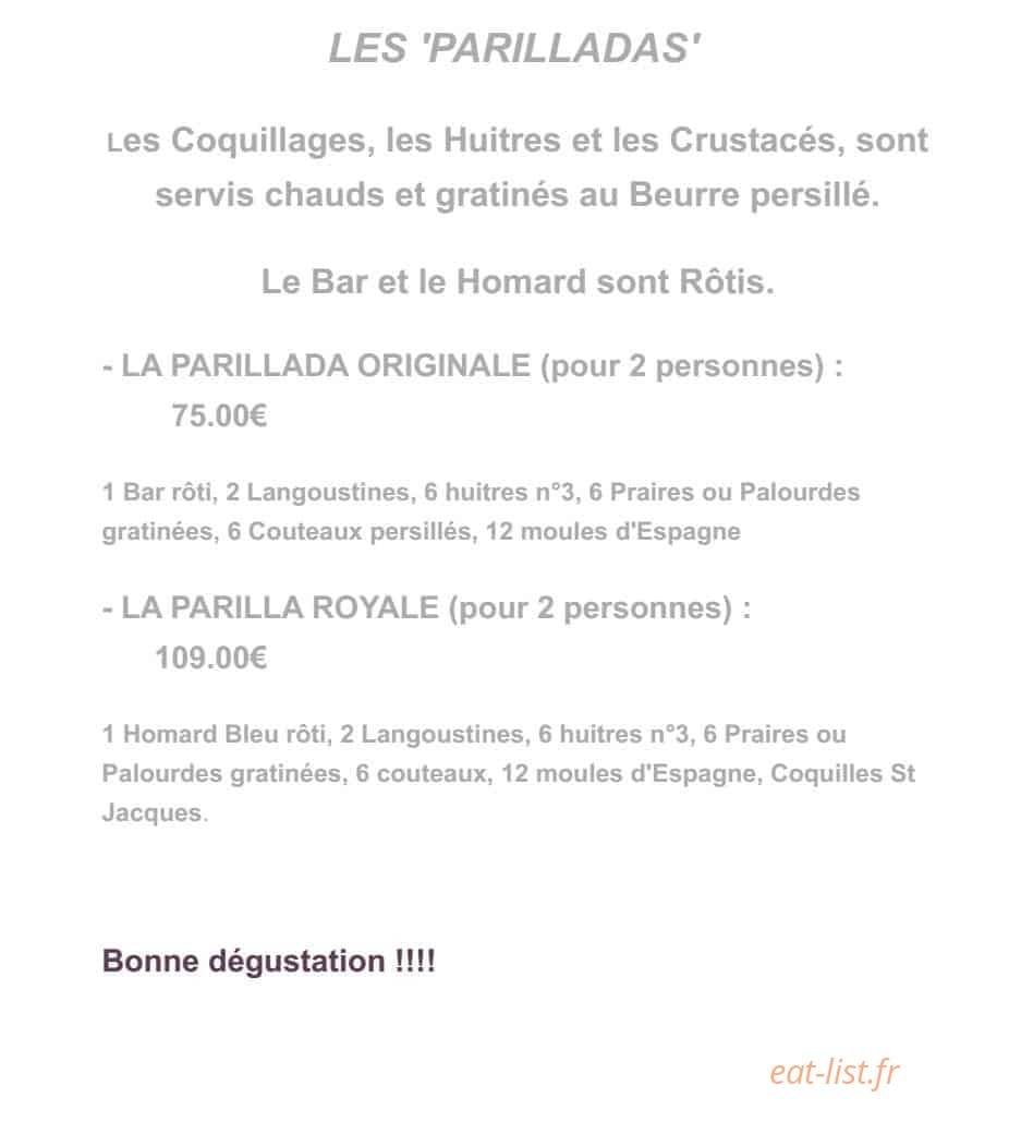 Carte et menu de Le Vivier de la mer à Roissy en France — les parilladas