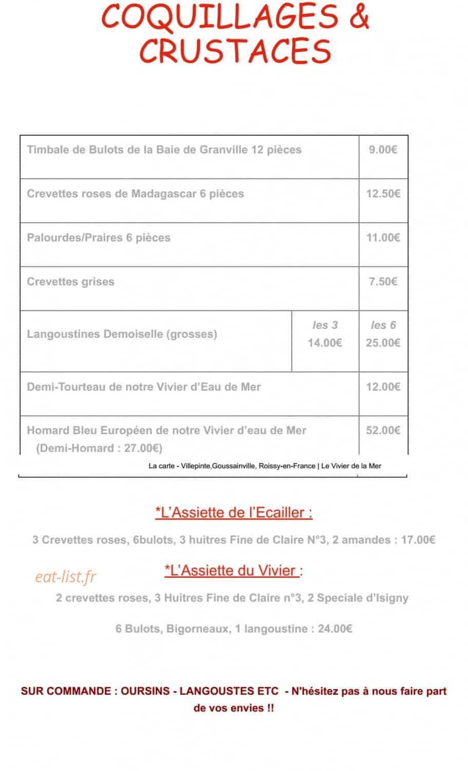 Carte et menu de Le Vivier de la mer à Roissy en France — les coquillages et crustqges