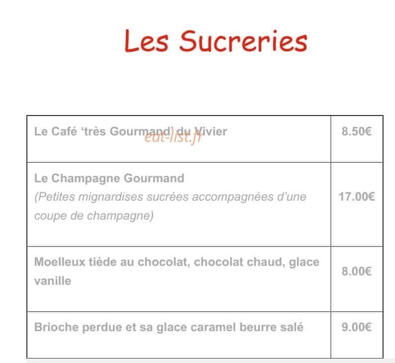 Carte et menu de Le Vivier de la mer à Roissy en France — les sucreries