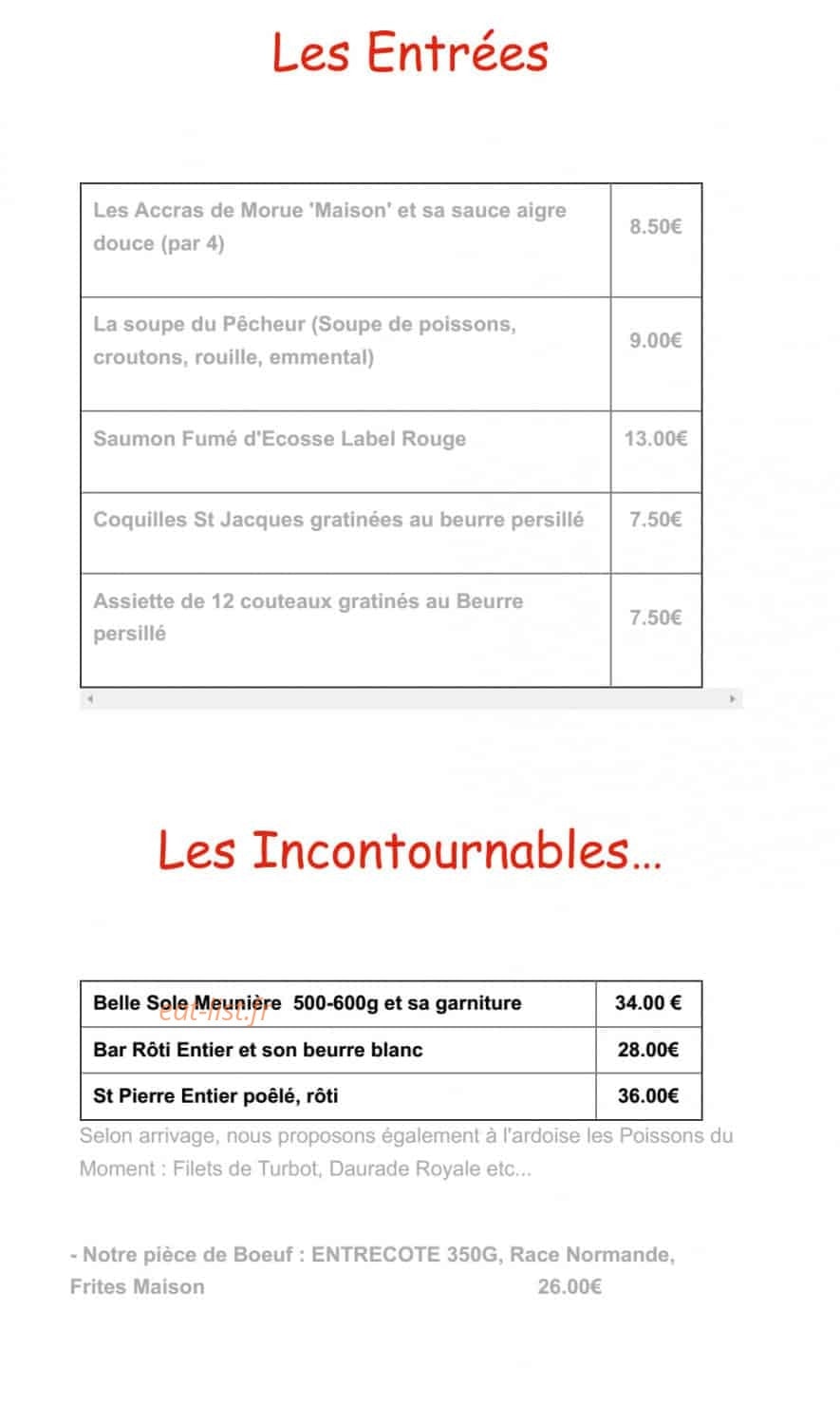 Carte et menu de Le Vivier de la mer à Roissy en France — les entrées et incontournables