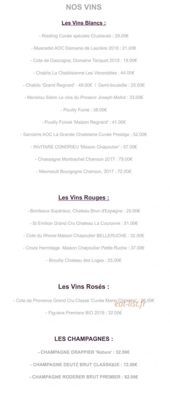 Carte et menu de Le Vivier de la mer à Roissy en France — Les vins