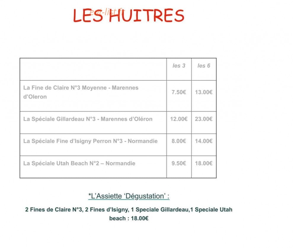 Carte et menu de Le Vivier de la mer à Roissy en France — les huitres