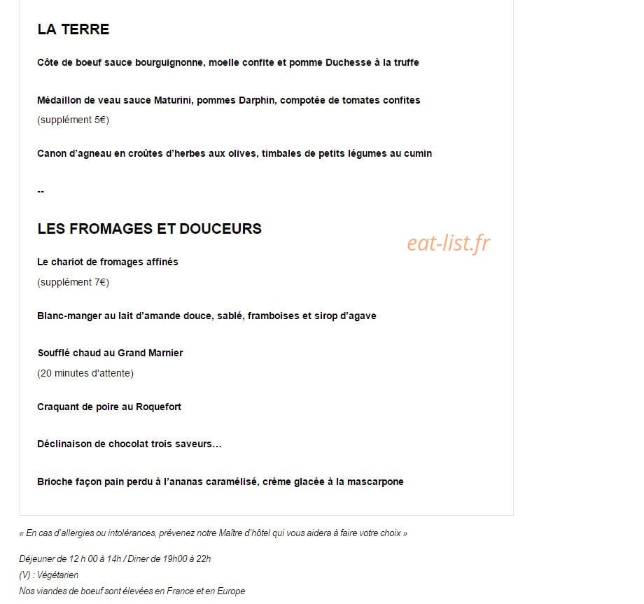 Carte et menu de Les Etoiles à Roissy en France — Côté terre, fromages et desserts