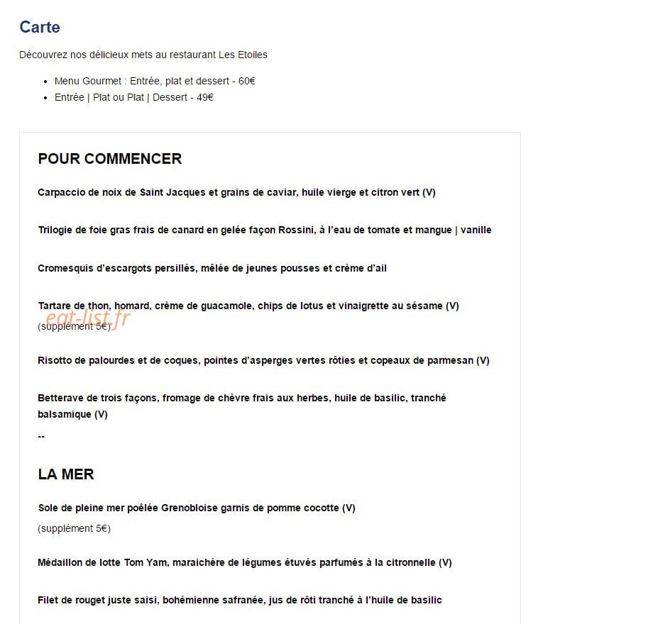 Carte et menu de Les Etoiles à Roissy en France — Les entrées et côté mer