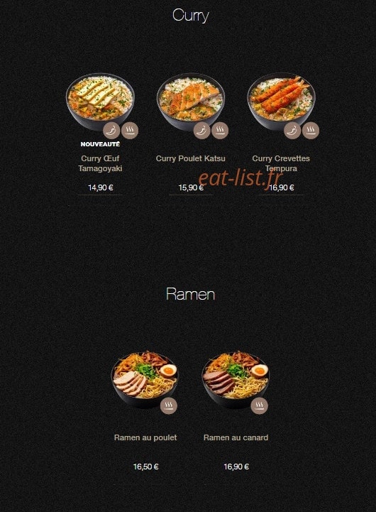 Carte et menu de Sushi Shop à Roissy en France — Les curry et ramens