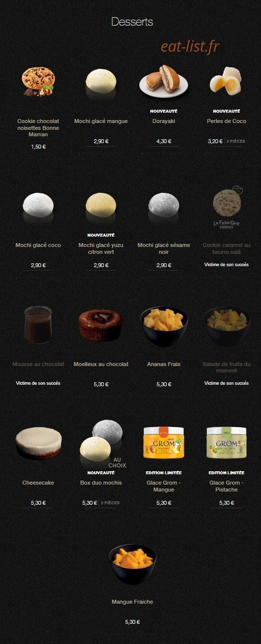 Carte et menu de Sushi Shop à Roissy en France — Les desserts
