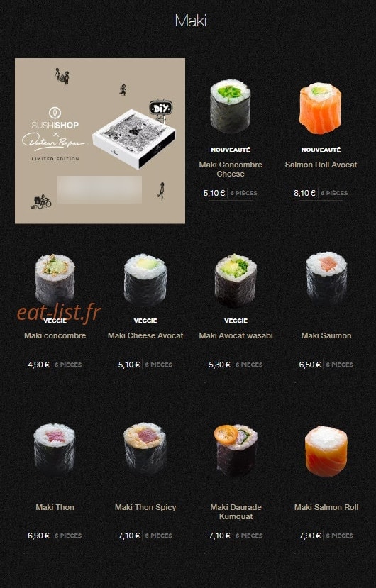 Carte et menu de Sushi Shop à Roissy en France — Les makis
