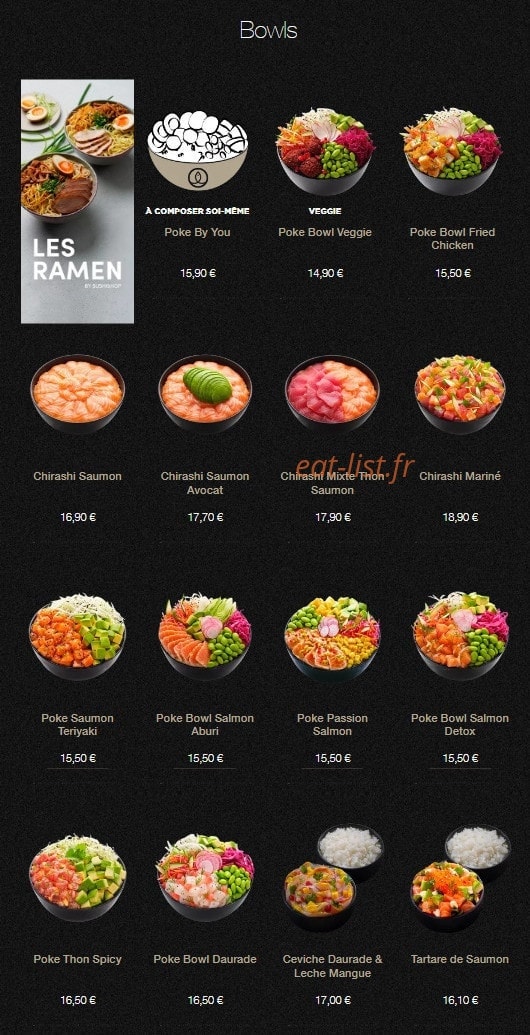 Carte et menu de Sushi Shop à Roissy en France — Les bowls