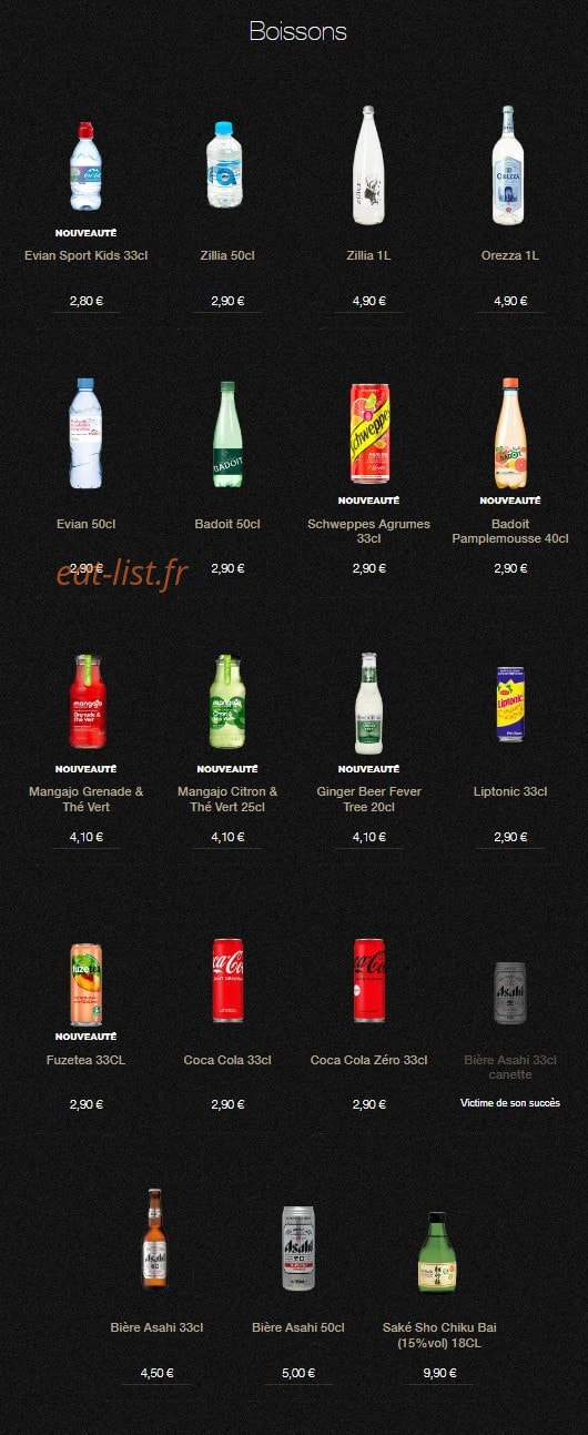 Carte et menu de Sushi Shop à Roissy en France — Les boissons