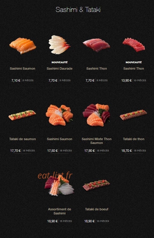 Carte et menu de Sushi Shop à Roissy en France — Les sashimis, tatakis, ...