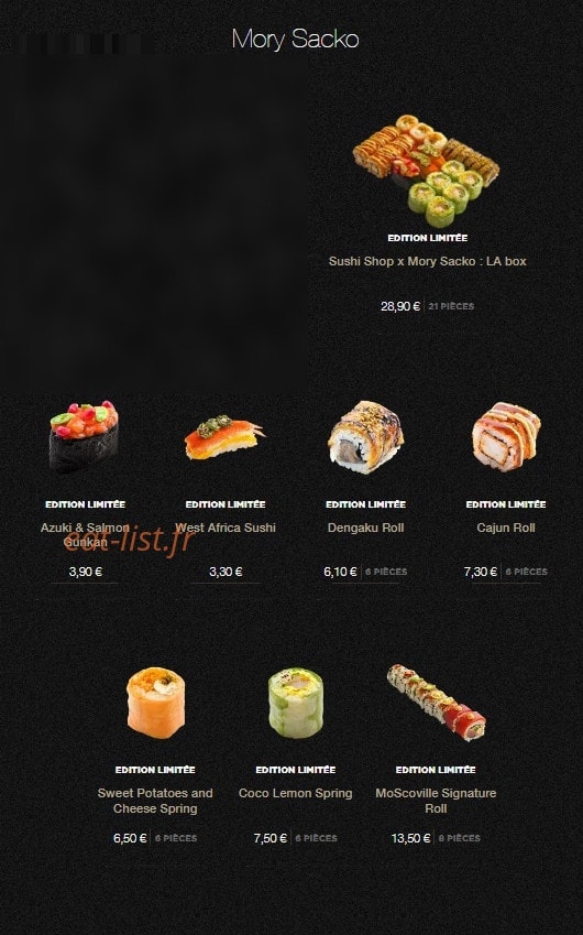 Carte et menu de Sushi Shop à Roissy en France — Les mory sackos