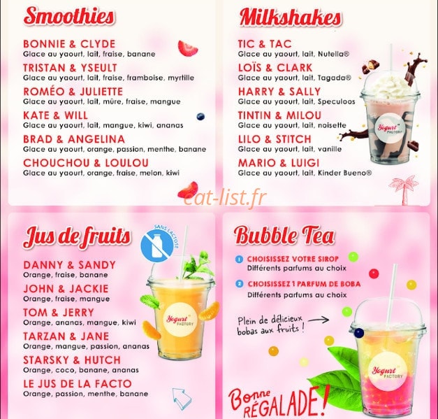 Carte et menu de Yogurt Factory à Roissy en France — Les smoothies, milkshakes, bubble tea et jus de fruits