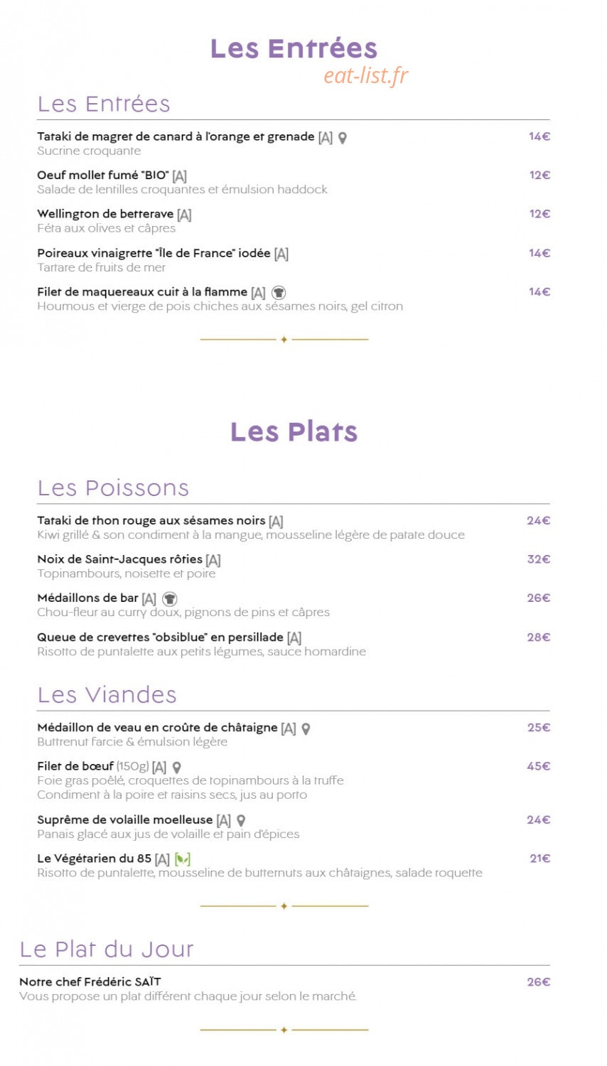 Le 85 Restaurant — carte page 1