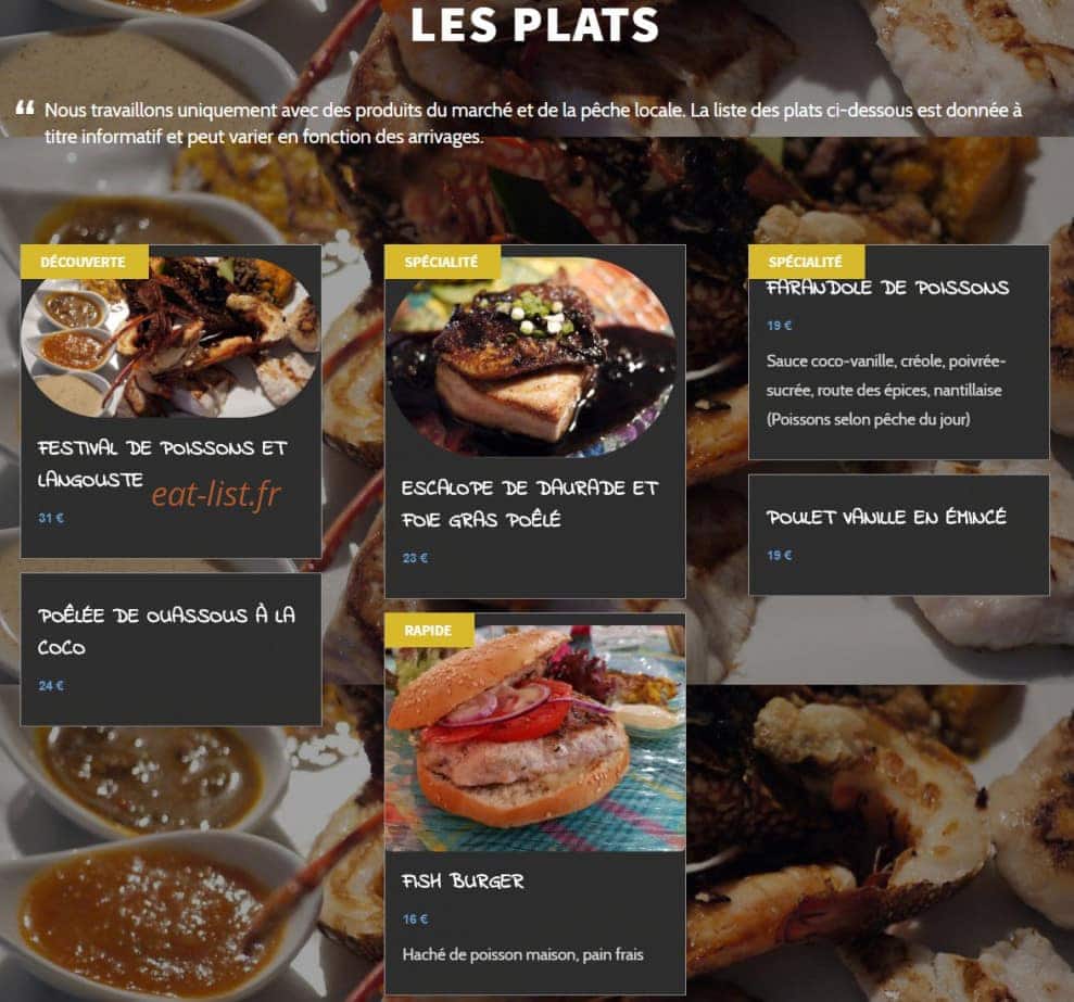 Carte et menu de Les frères de la côte à Saint Francois — Les plats