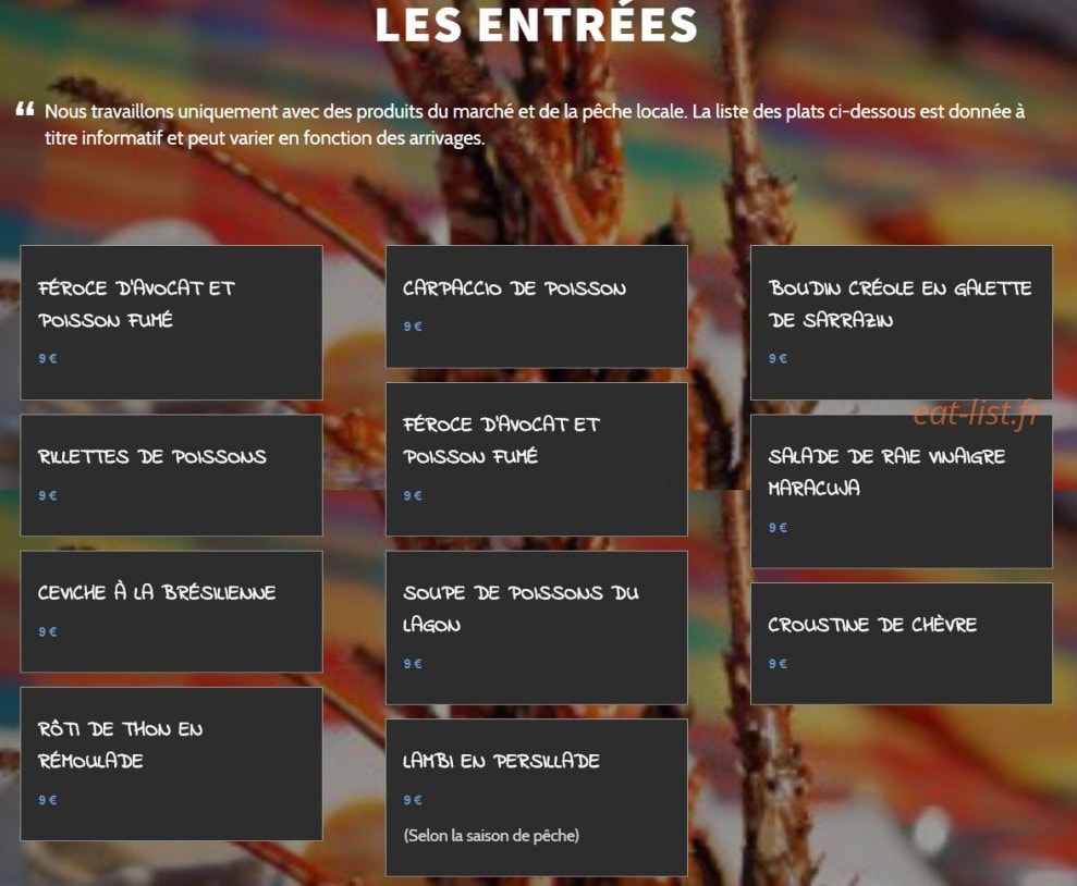 Carte et menu de Les frères de la côte à Saint Francois — Les entrées