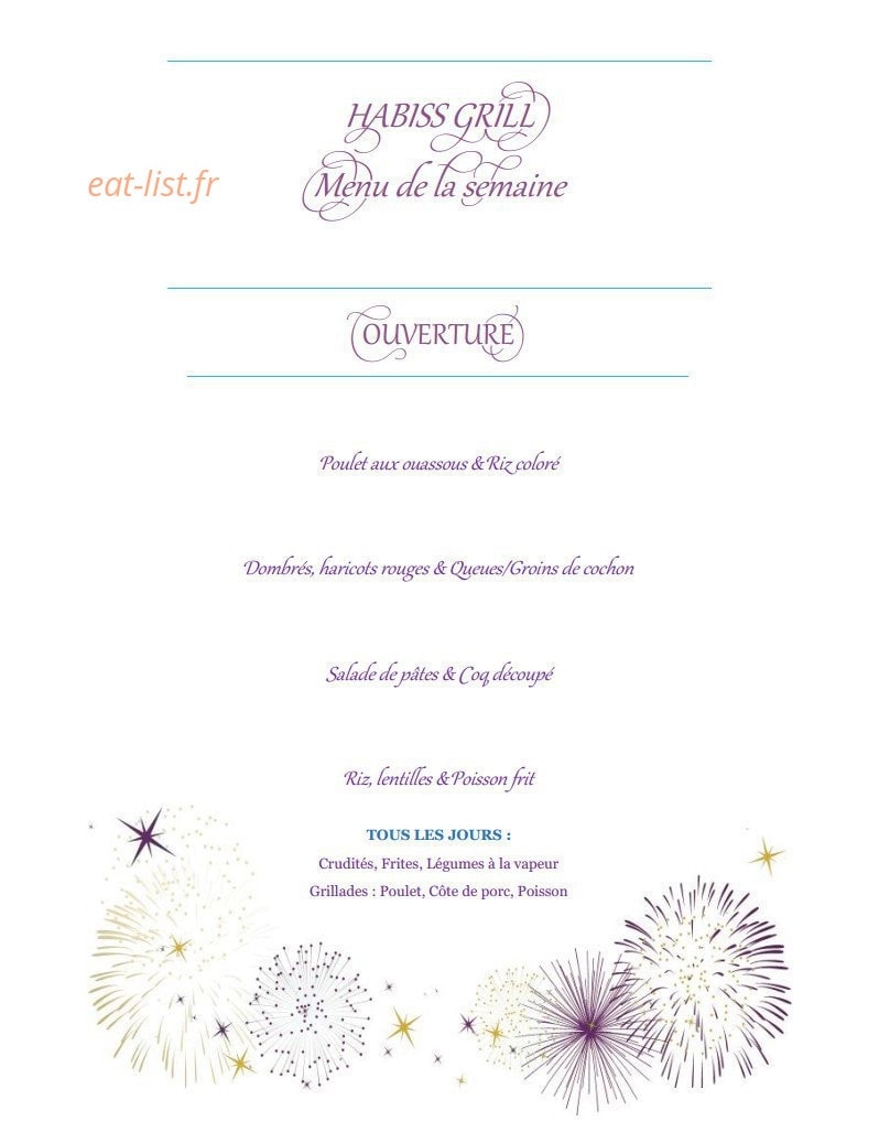 Carte et menu de Habiss Grill à Vieux Habitants — Le menu de la semaine