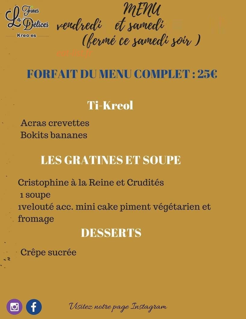 Carte et menu de Les fines délices kréoles à Baie Mahault — Menus