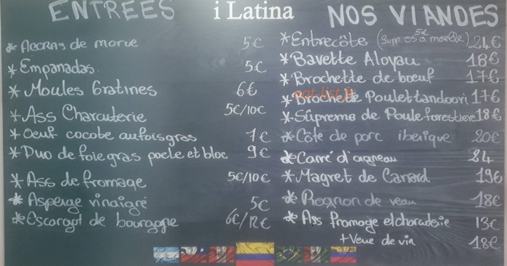 Carte et menu de Restaurante i Latina à Baie Mahault — Les entrées et vinades